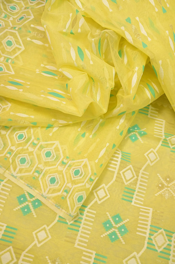 Lemon Yellow Color Jamdani Saree with Allover Weaving Work