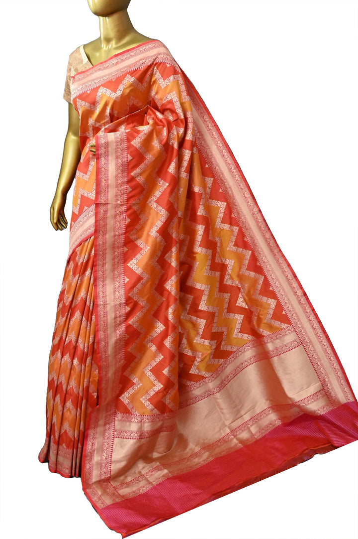 Light and Deep Orange Color Katan Banarasi Saree in Rangkat Design