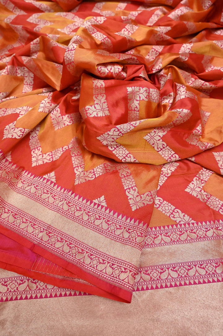 Light and Deep Orange Color Katan Banarasi Saree in Rangkat Design