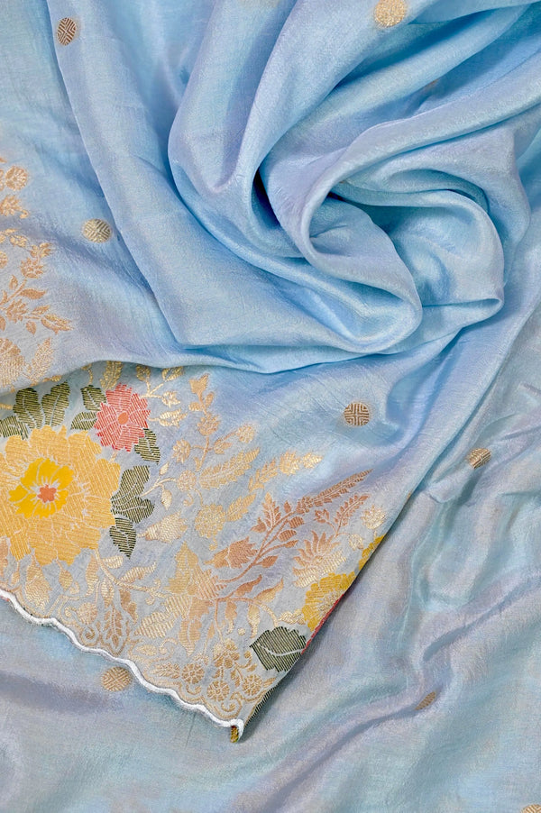 Light Blue Color Muga Banarasi Silk Saree with Allover Golden Butta and Meenakari Work