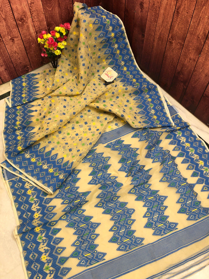 Light Cream and Blue Color Jamdani Saree