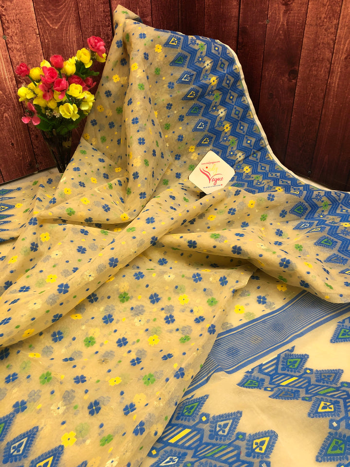 Light Cream and Blue Color Jamdani Saree