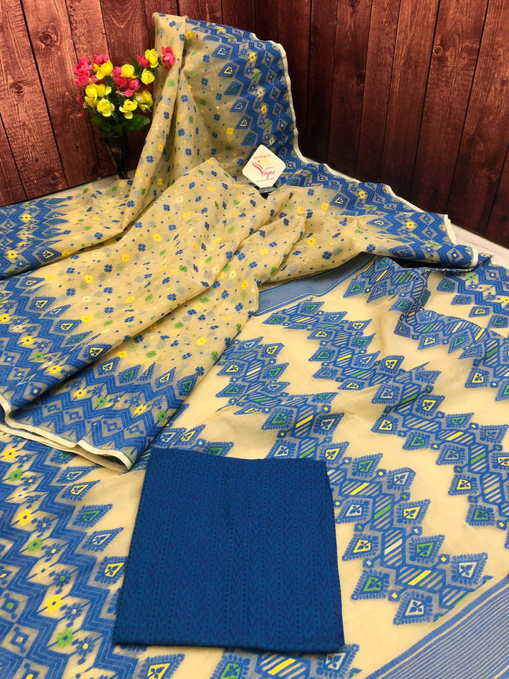 Light Cream and Blue Color Jamdani Saree