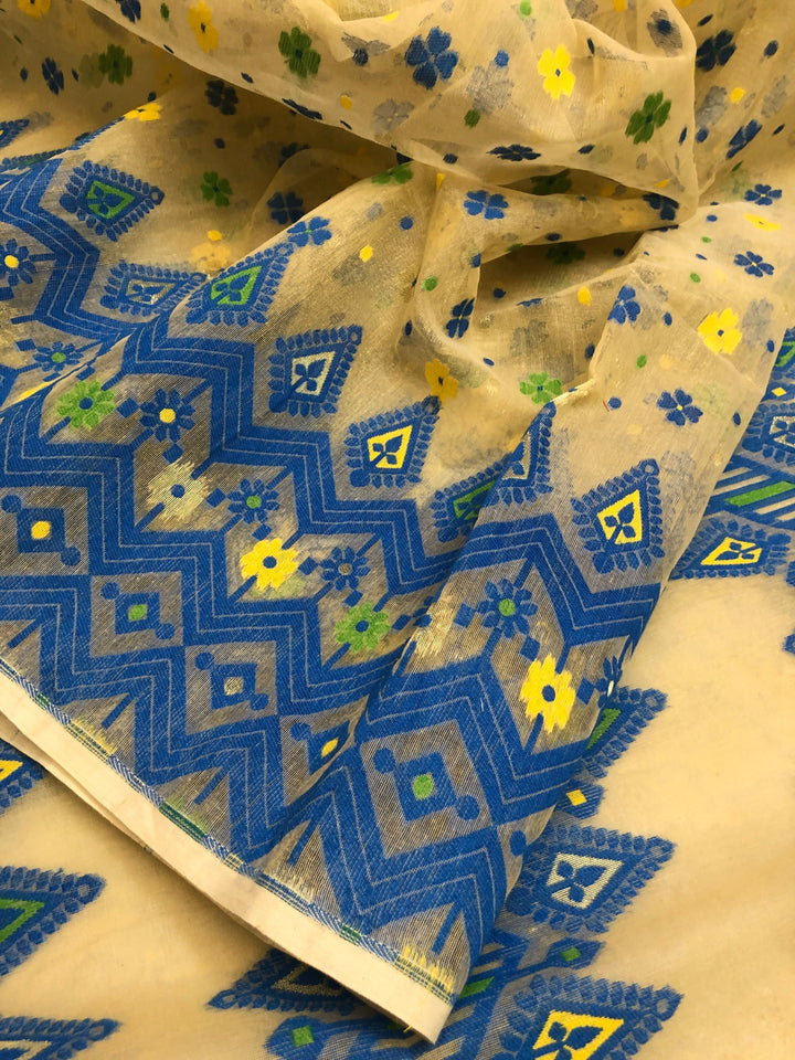 Light Cream and Blue Color Jamdani Saree