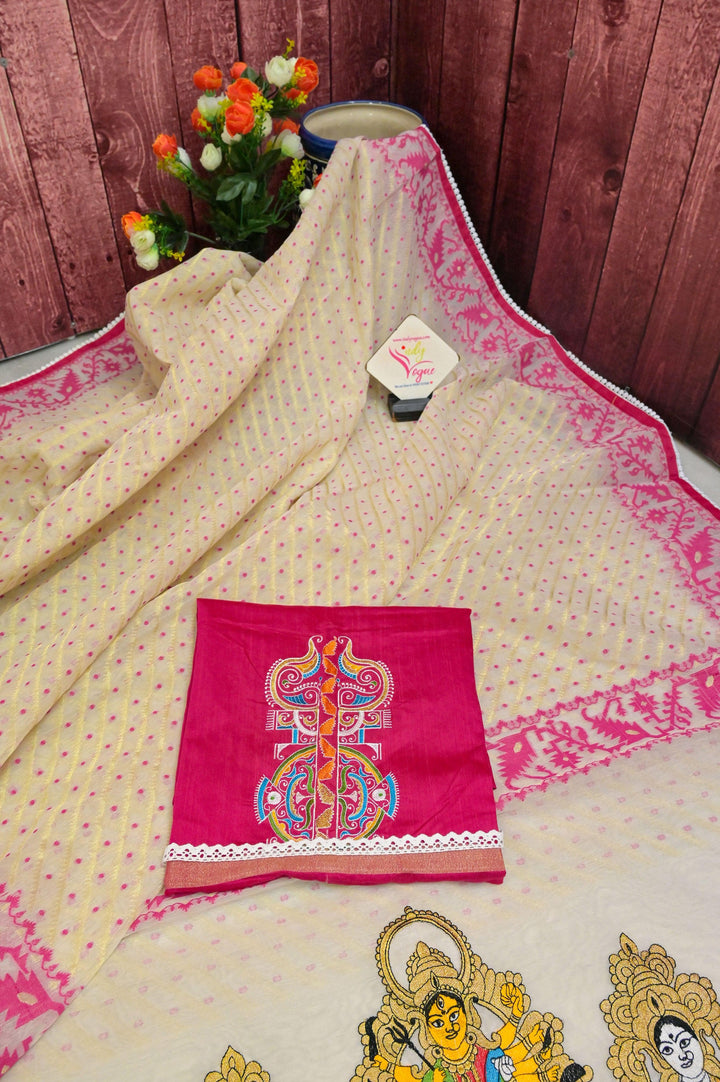 Light Cream Color Durga Jamdani Saree with Embroidery and Lace Border