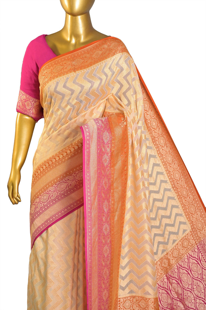 Light Cream Color Khaddi Georgette Banarasi with Allover Work and Broad Border