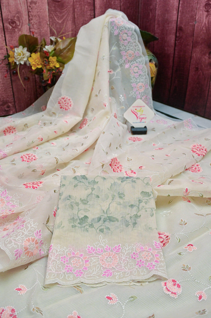 Light Cream Color Kora organza Designer Saree with Scallop Border and Embroidery Work with Meenakari