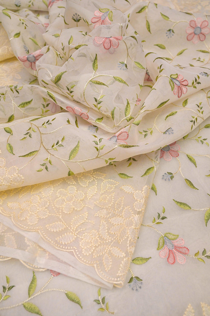 Light Cream Color Organza Saree with Machine Embroidery