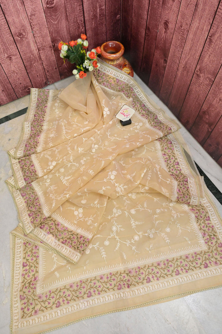 Light Cream Golden Color Organza with Allover Jaal Work with Embroidery and Lace Border