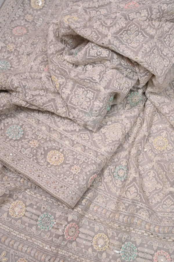 Light Dusty Pink Color Georgette Chikankari Saree with Allover Multicolored Hand Embroidery Work