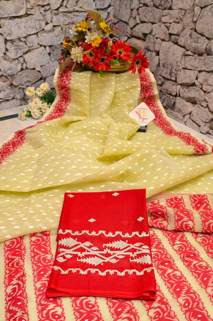 Light Elaichi Color Jamdani Saree with Cotton Embroidered Piece