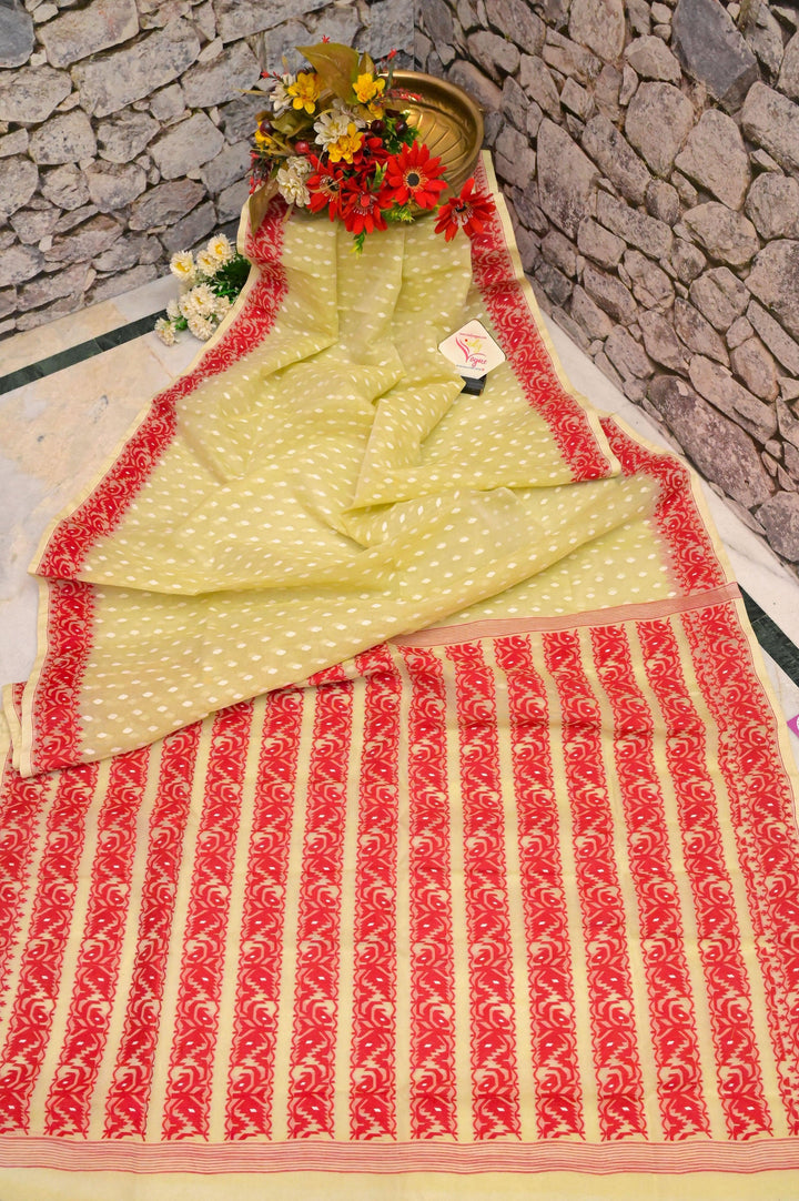 Light Elaichi Color Jamdani Saree with Cotton Embroidered Piece