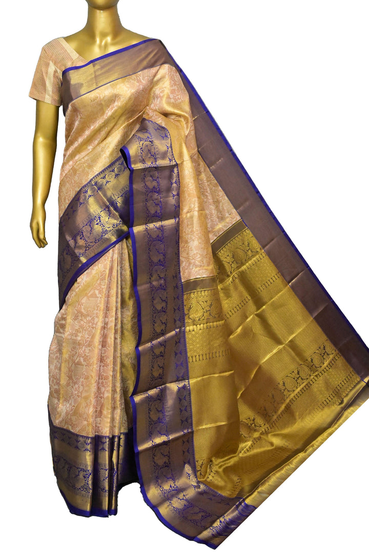 Light Golden and Blue Color Pure Brocade Kanjeevaram Silk Saree with Broad Border