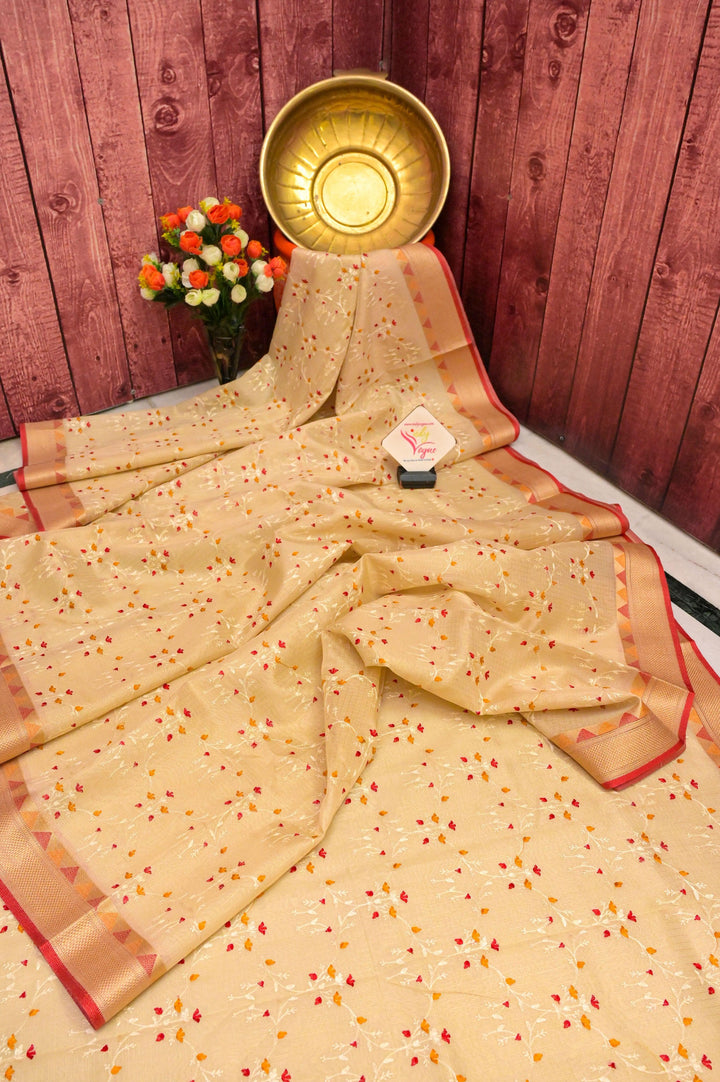 Light Golden Color Tissue Kota Saree with Embroidery
