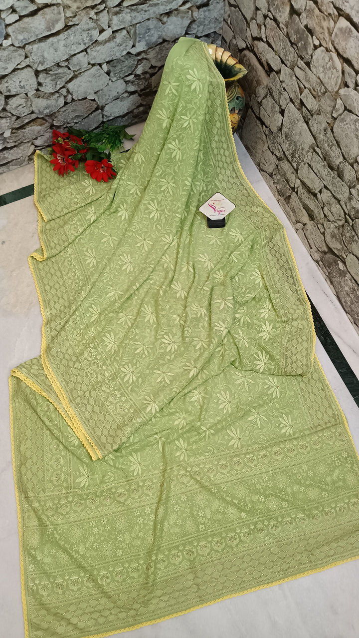 Light Green Color Georgette Saree with Chikankari Work