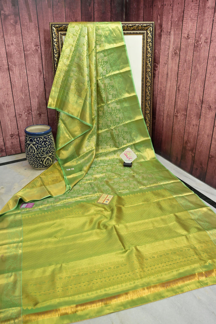 Light Green Color Pure Tissue Kanjeevaram Silk Saree with Allover Jaal Work