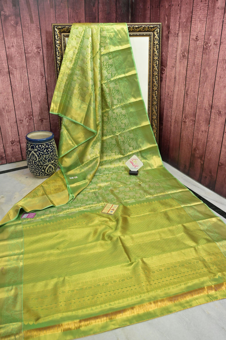 Light Green Color Pure Tissue Kanjeevaram Silk Saree with Allover Jaal Work