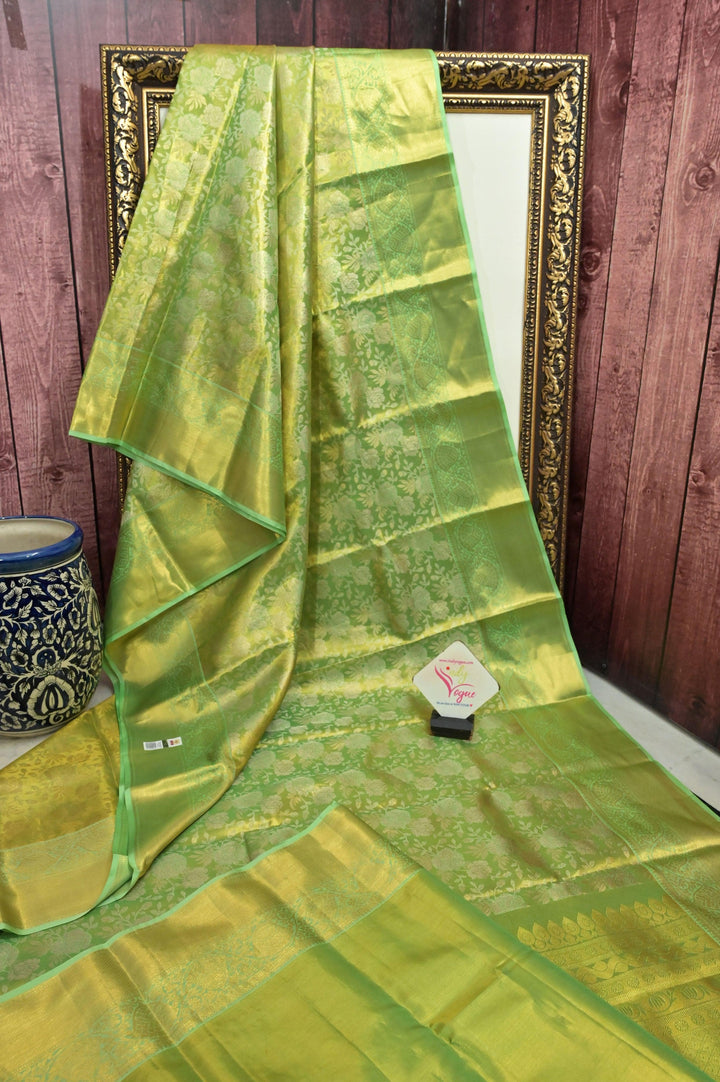 Light Green Color Pure Tissue Kanjeevaram Silk Saree with Allover Jaal Work