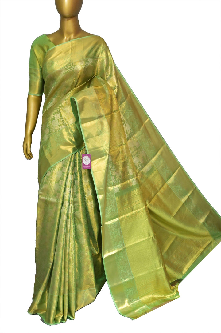 Light Green Color Pure Tissue Kanjeevaram Silk Saree with Allover Jaal Work