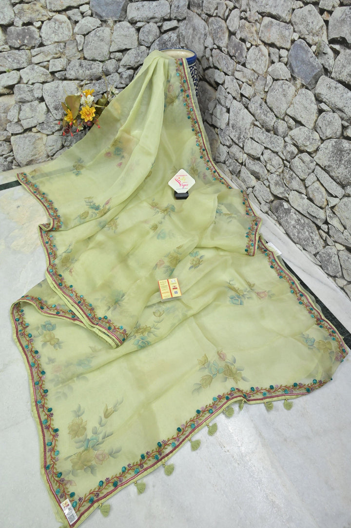 Light Green Pure Organza Silk Saree with French Knot & Hand Embroidery