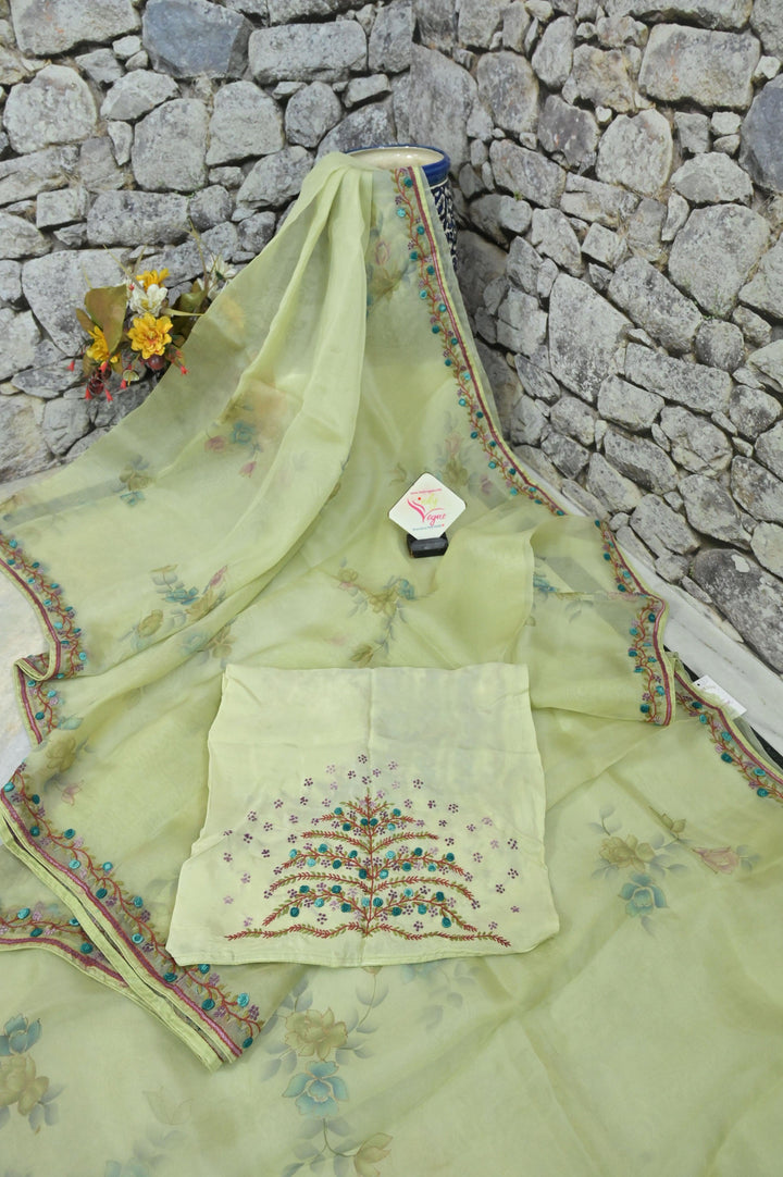 Light Green Pure Organza Silk Saree with French Knot & Hand Embroidery