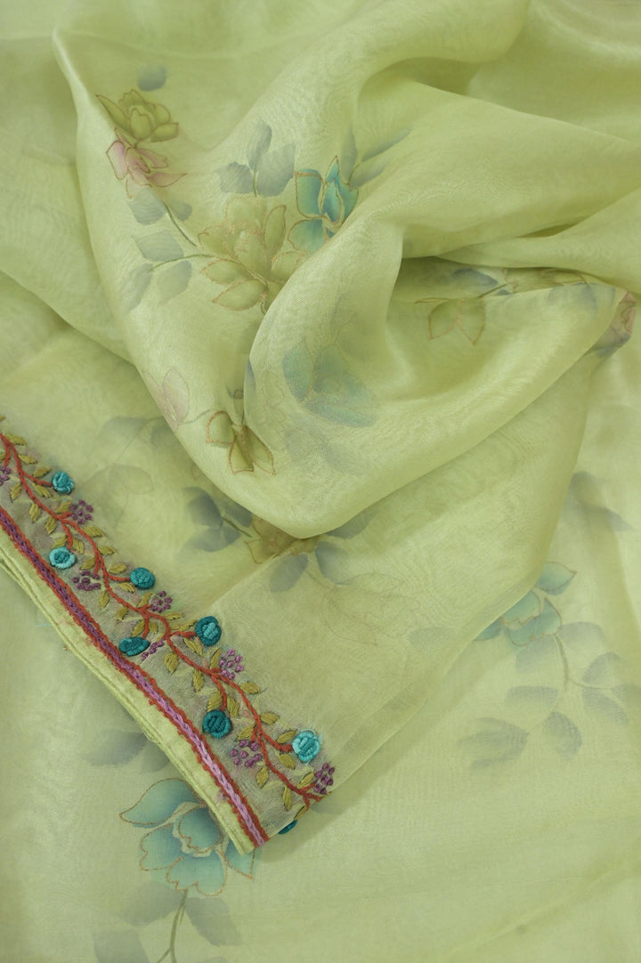 Light Green Pure Organza Silk Saree with French Knot & Hand Embroidery