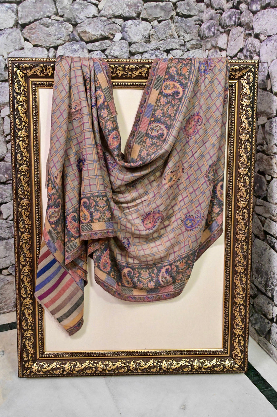 Light Khaki Color Pure Pashmina Shawl with Allover Kani Weaving Work