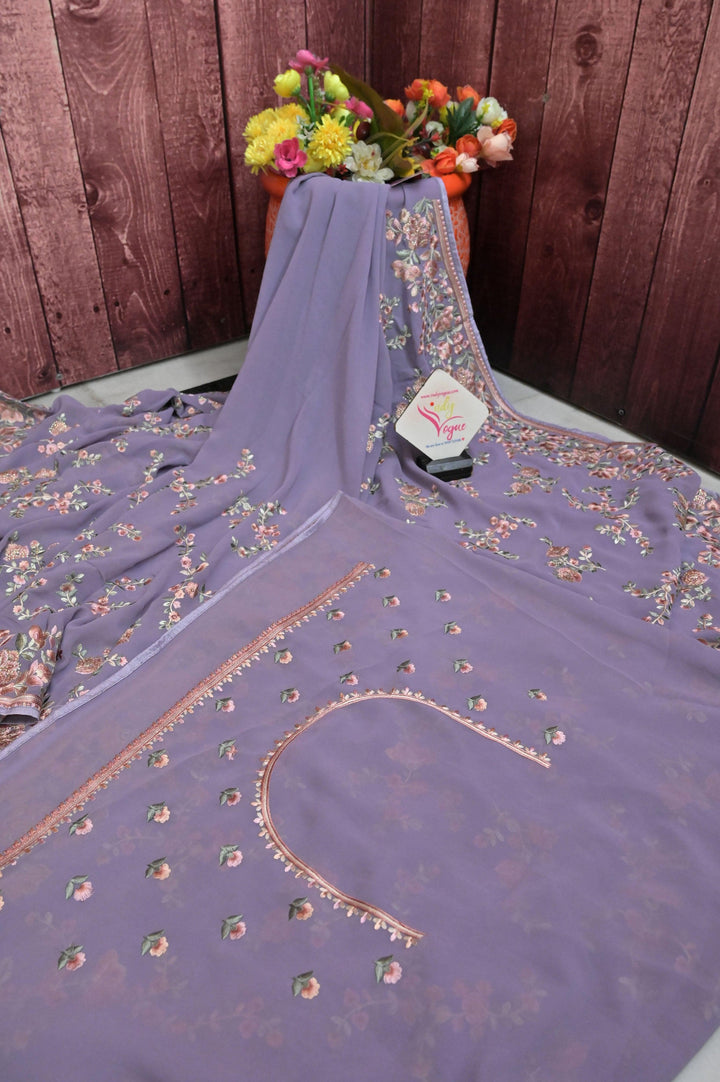 Light Lavender Color Chiffon Saree with Parsi Embroidery