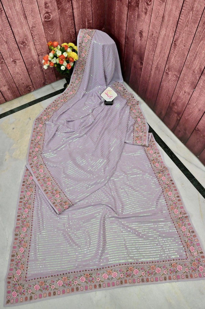 Light Lavender Color Designer Georgette Saree with Sequin and Embroidery Work