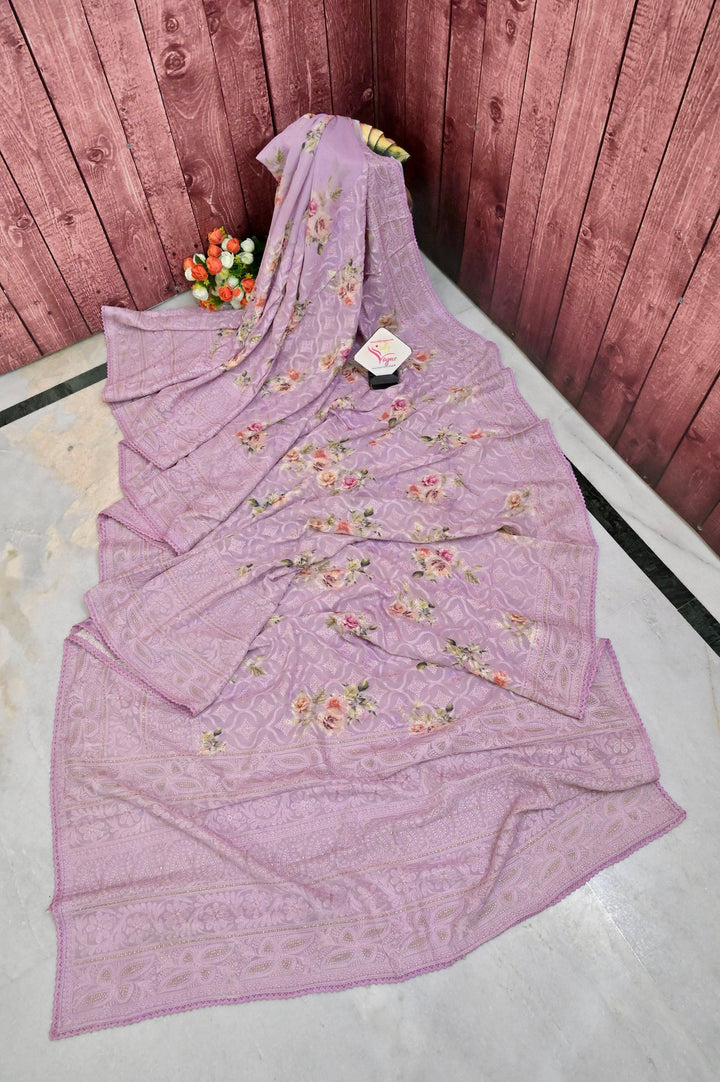 Light Lavender Color Designer Georgette with Allover Chikankari and Digital Floral Print