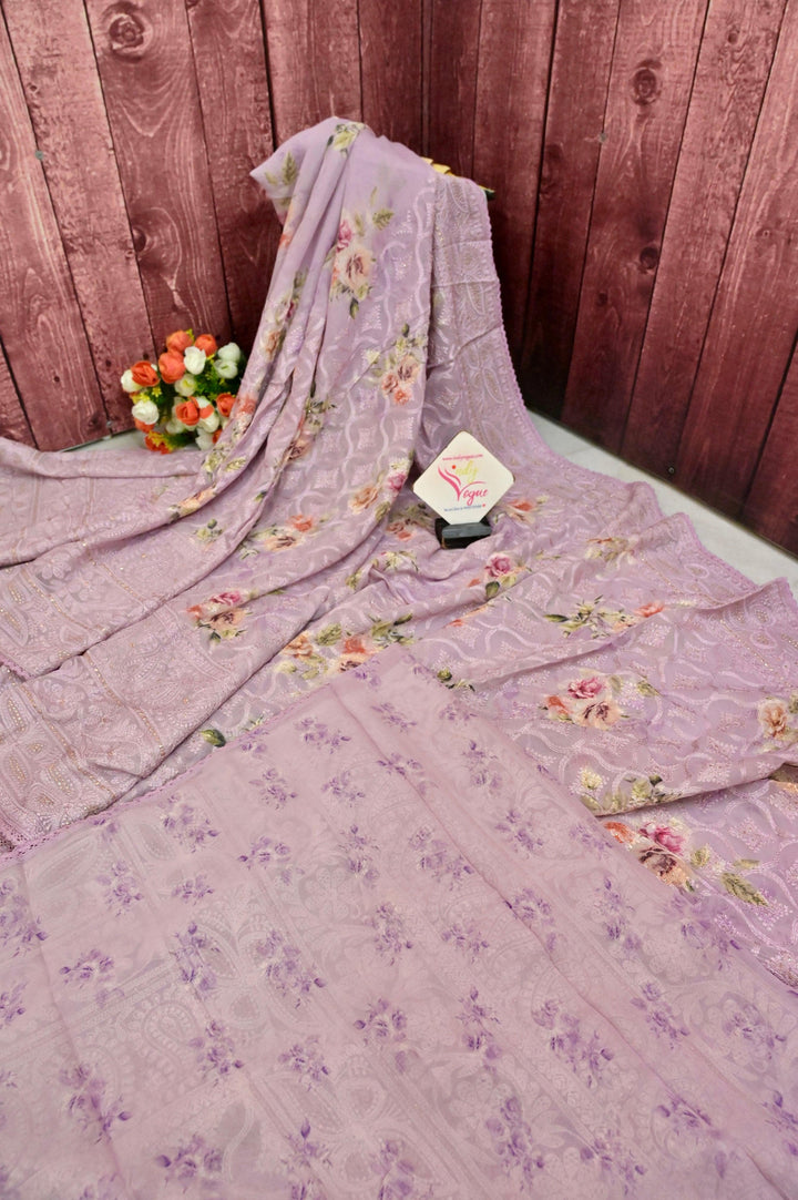 Light Lavender Color Designer Georgette with Allover Chikankari and Digital Floral Print