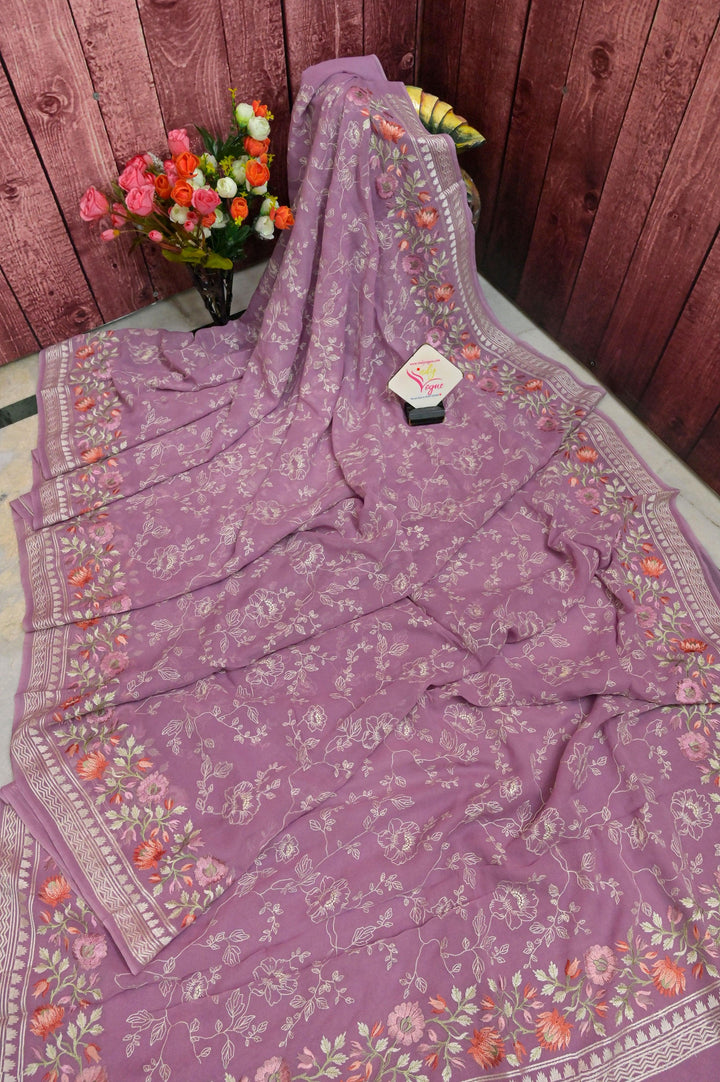 Light Lavender Color Georgette Saree with Allover Embroidery and Jaal Kashmiri Stitch Work