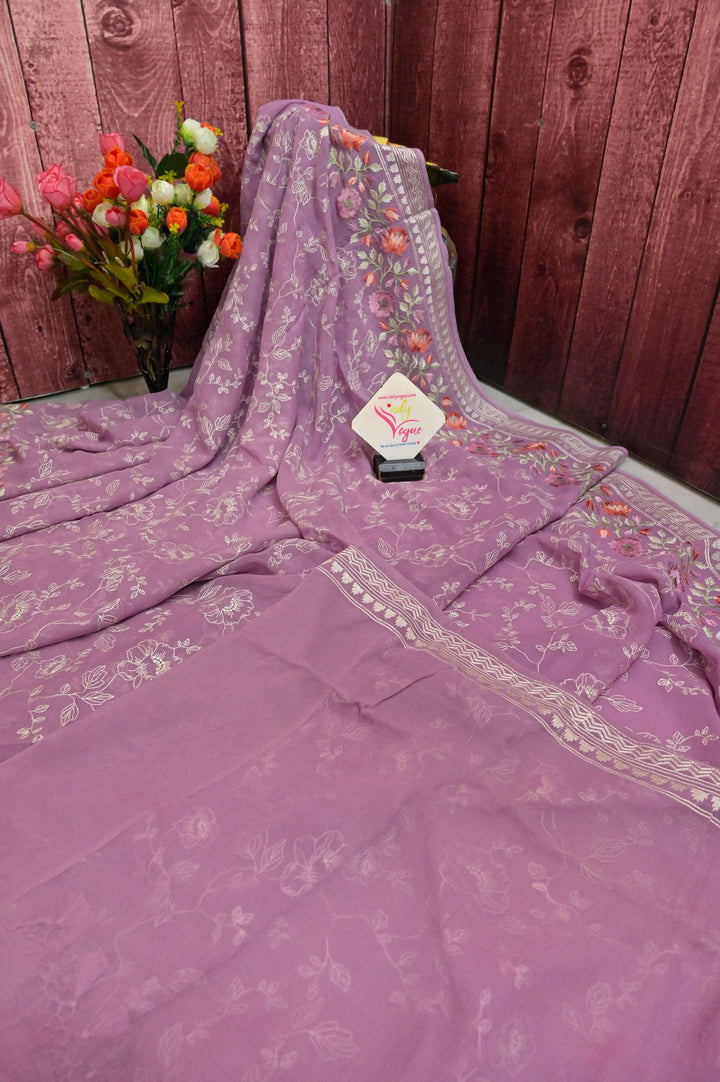 Light Lavender Color Georgette Saree with Allover Embroidery and Jaal Kashmiri Stitch Work