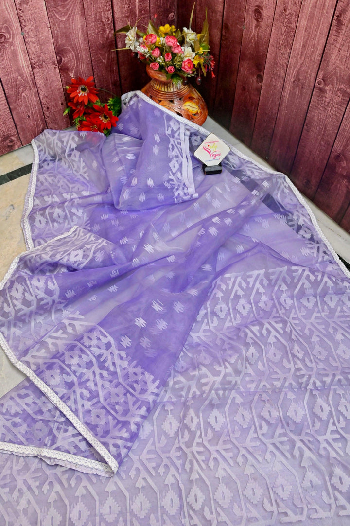 Light Lavender Color Muslin Jamdani Saree with Zari and Lace Work