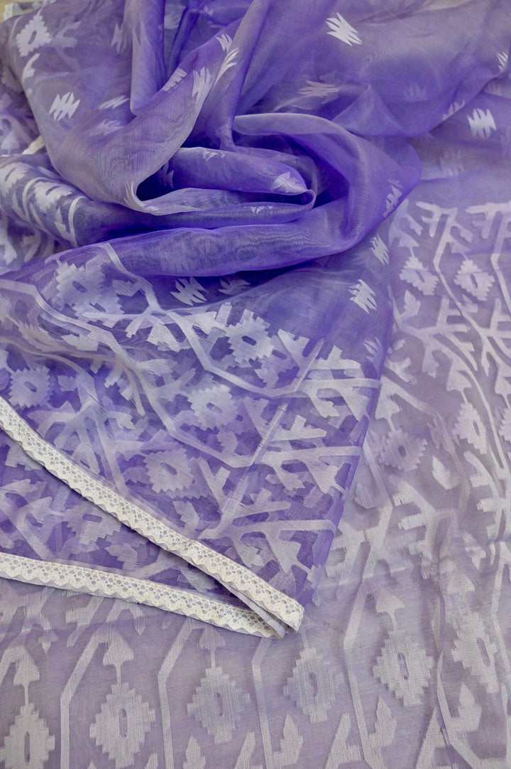 Light Lavender Color Muslin Jamdani Saree with Zari and Lace Work