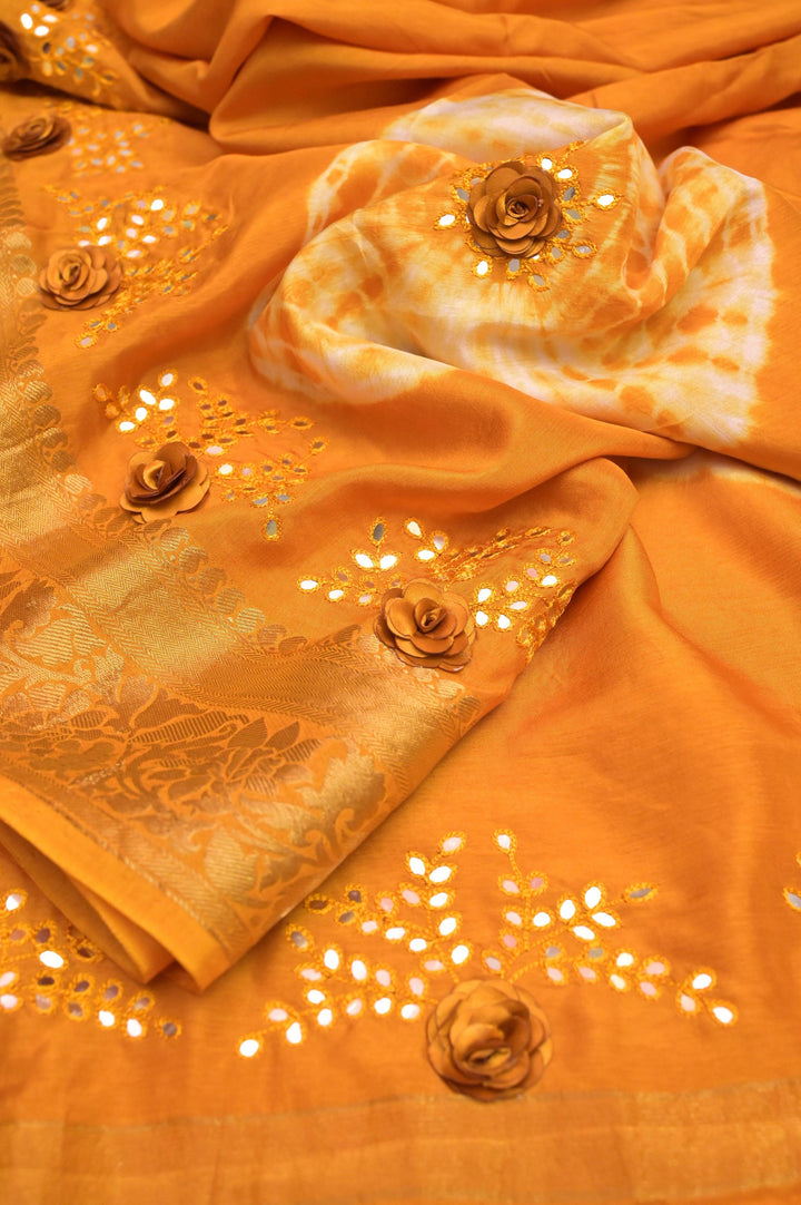 Light Mustard Yellow Color Chinon Silk Banarasi with Hand Shibori Dye and Mirror Work