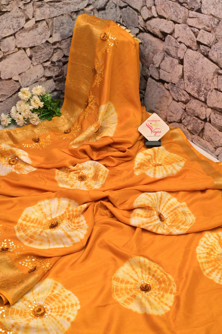Light Mustard Yellow Color Chinon Silk Banarasi with Hand Shibori Dye and Mirror Work