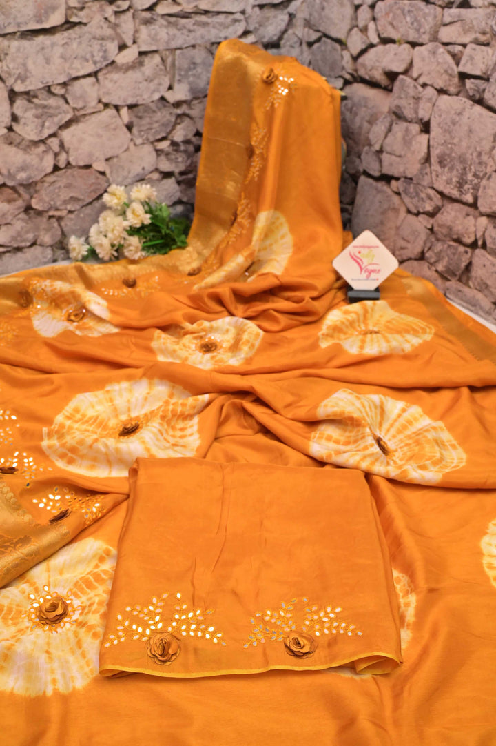 Light Mustard Yellow Color Chinon Silk Banarasi with Hand Shibori Dye and Mirror Work