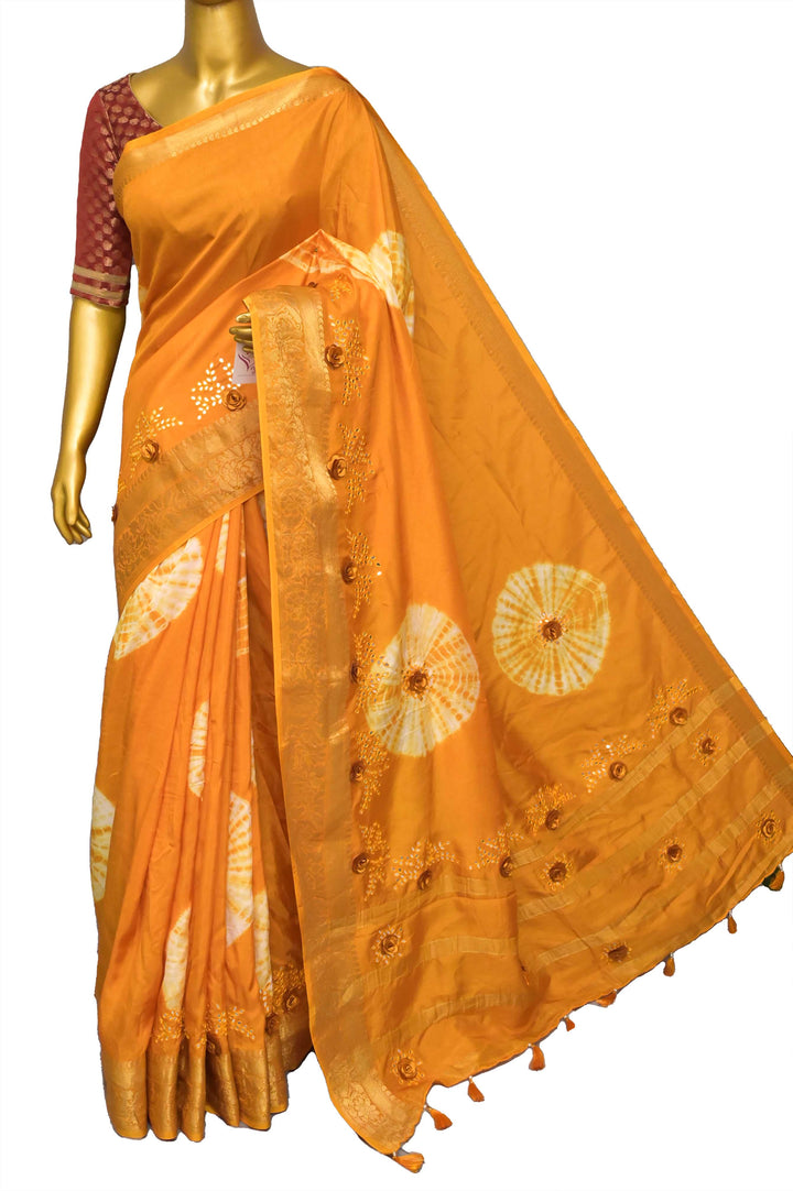 Light Mustard Yellow Color Chinon Silk Banarasi with Hand Shibori Dye and Mirror Work