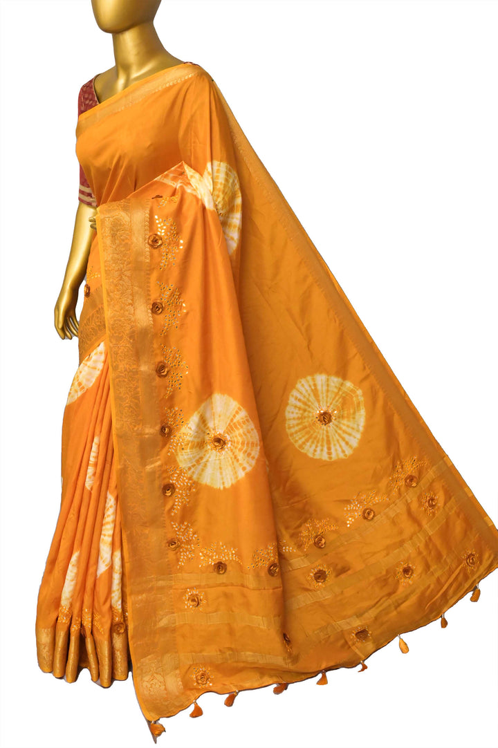 Light Mustard Yellow Color Chinon Silk Banarasi with Hand Shibori Dye and Mirror Work