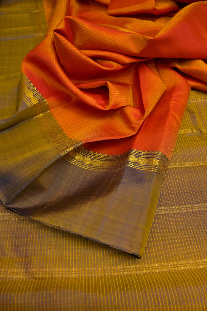 Light Orange and Yellow Dual Tone Kanjeevaram Silk with Stripes