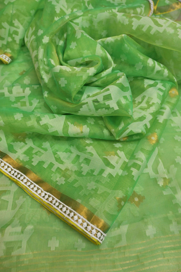 Light Parrot Green Color Muslin Jamdani Saree with Zari and Lace Work