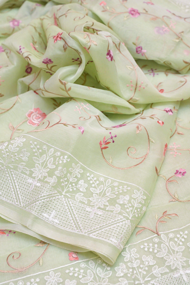 Light Pista Green Color Designer Kora Organza Saree with Embroidery and Chikankari Border
