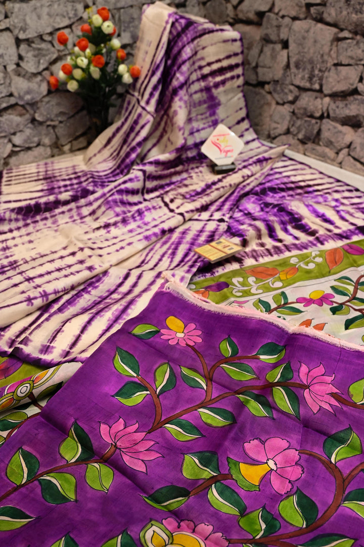 Light Purple Color Pure Bishnupur Katan Silk with Hand Painted Kalamkari & Hand Shibori Dye