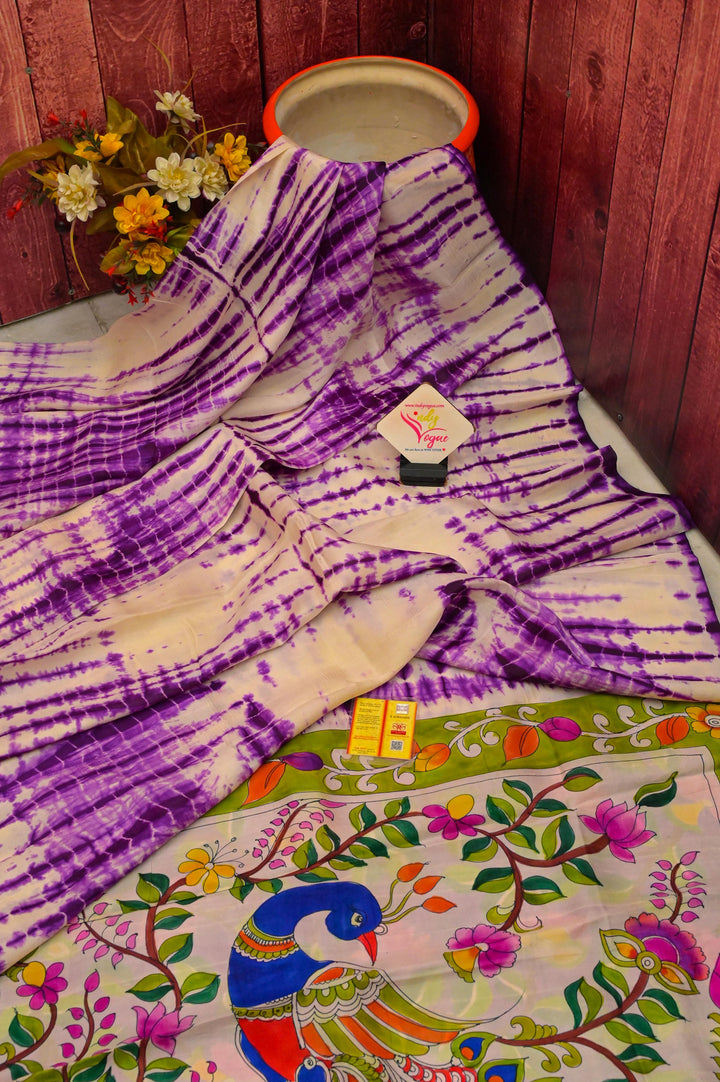 Light Purple Color Pure Bishnupur Katan Silk with Hand Painted Kalamkari & Hand Shibori Dye