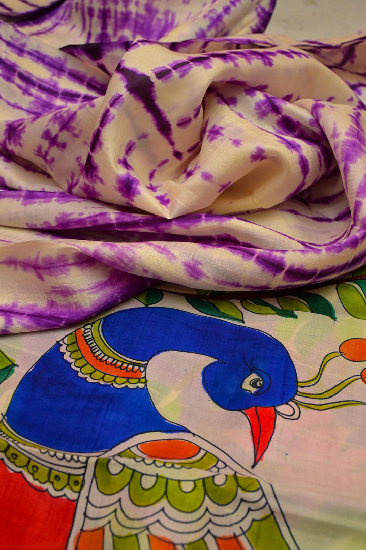 Light Purple Color Pure Bishnupur Katan Silk with Hand Painted Kalamkari & Hand Shibori Dye