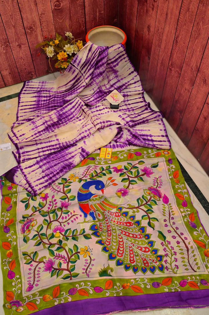 Light Purple Color Pure Bishnupur Katan Silk with Hand Painted Kalamkari & Hand Shibori Dye
