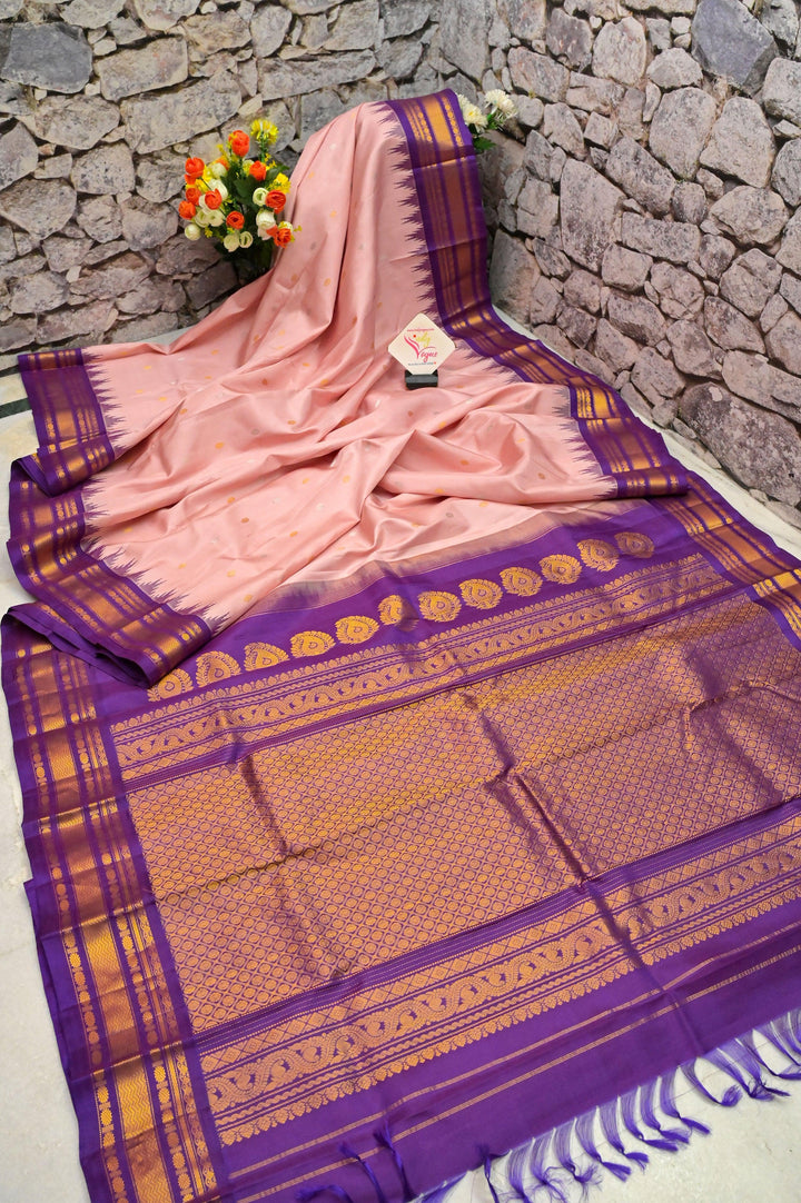 Light Salmon Pink Color Pure Gadwal Silk Saree with Temple Border