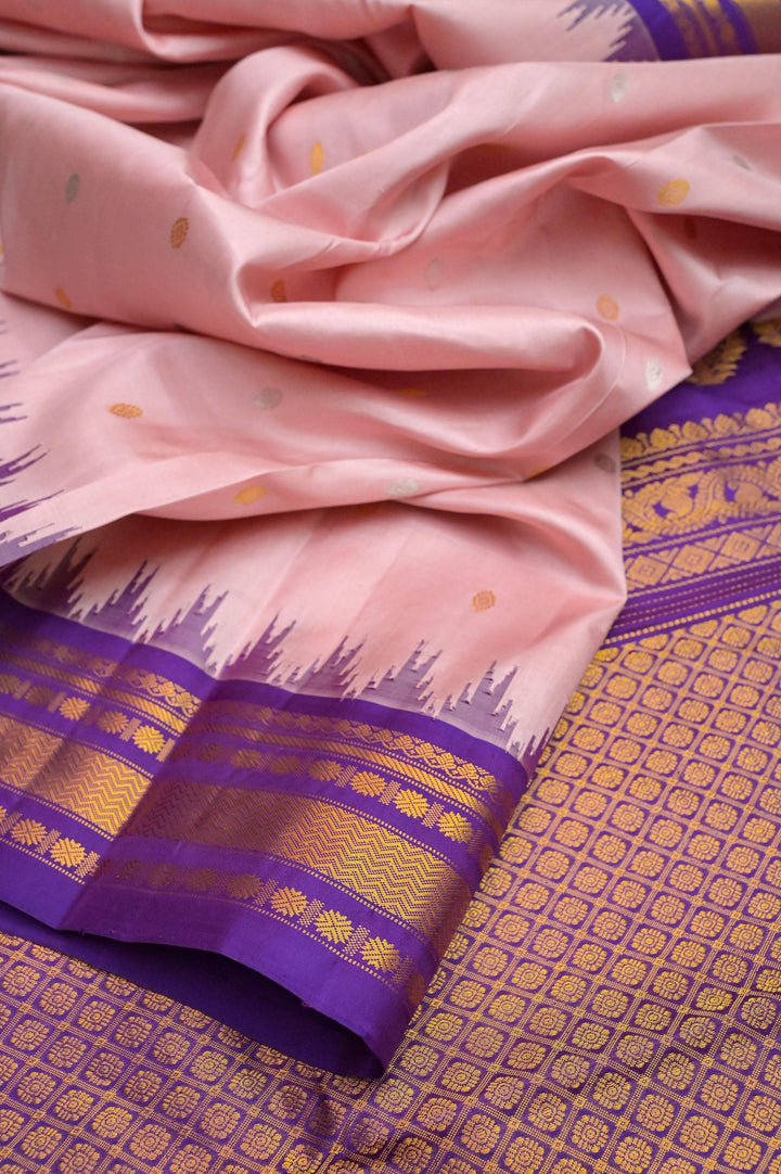 Light Salmon Pink Color Pure Gadwal Silk Saree with Temple Border