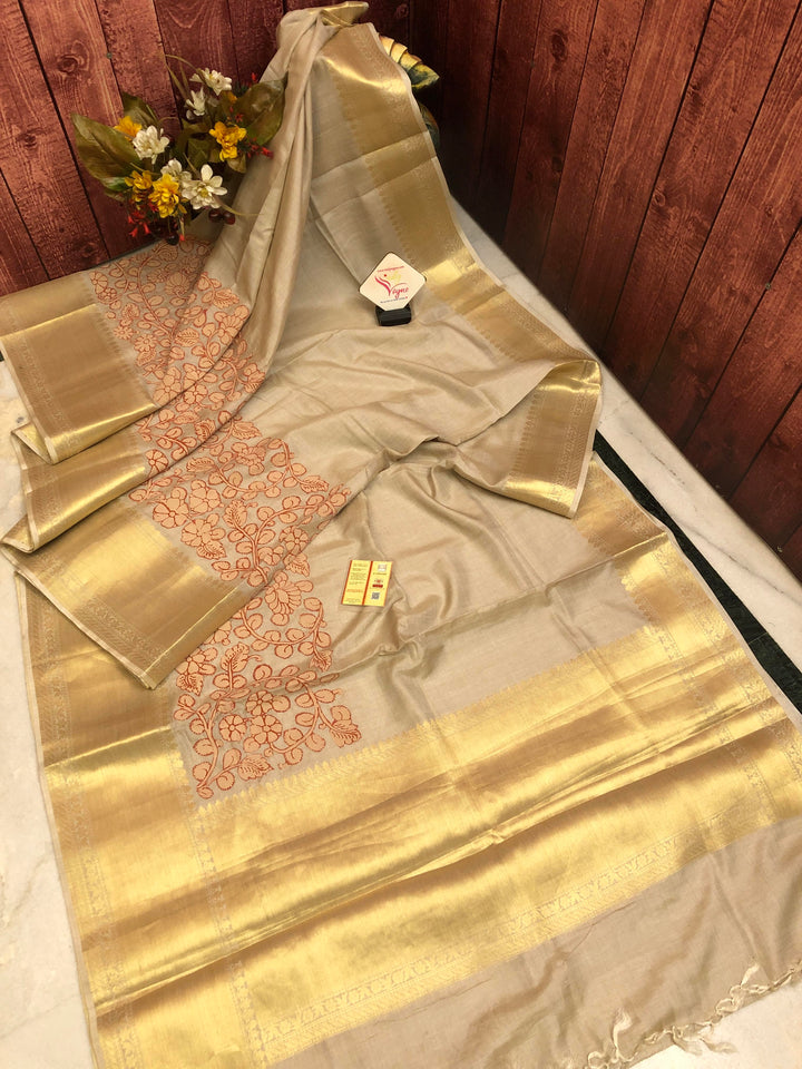 Light Sandalwood Color Tussar Silk Saree with Kalamkari Applique Work